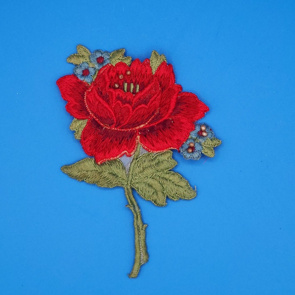 Vintage Red Rose and Blue‎ Flowers Needlework Applique 4" x 5"